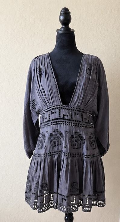 Free People Dresses & Skirts - Free People Gray Boho Mini Dress M-L Crochet Lace Cutout Plunge Peasant Tunic
